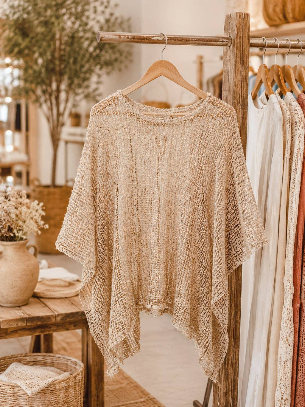 JC063501 Boho Open Knit Shimmer Poncho Top | Lightweight Cover-Up