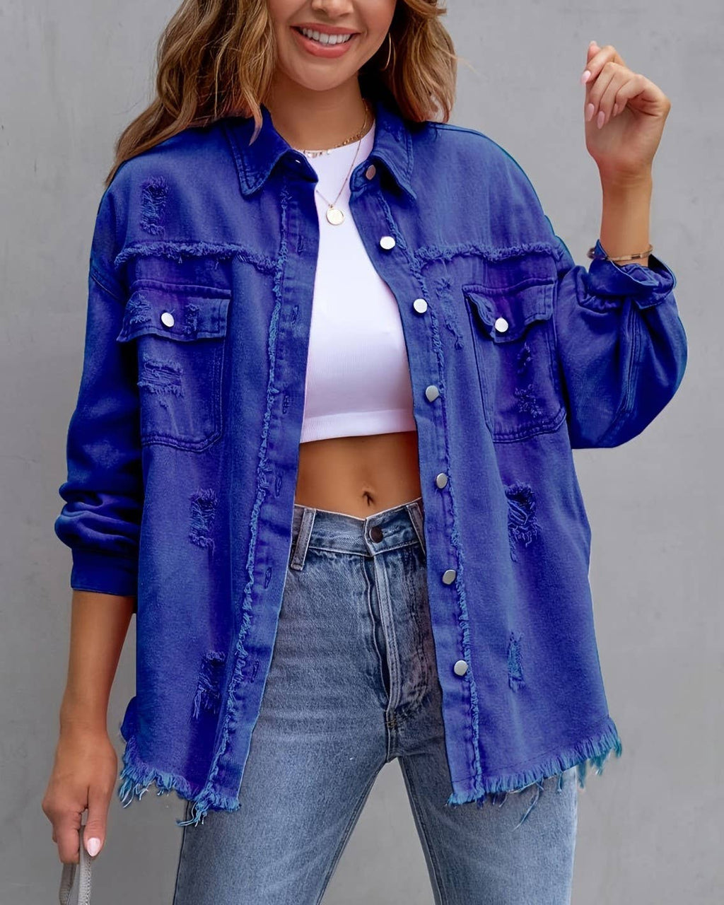 Ripped Long-Sleeved Denim Jacket