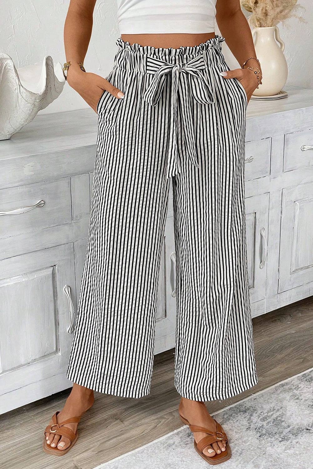Black White Striped Tie Knot Wide Leg Pants | S-4X