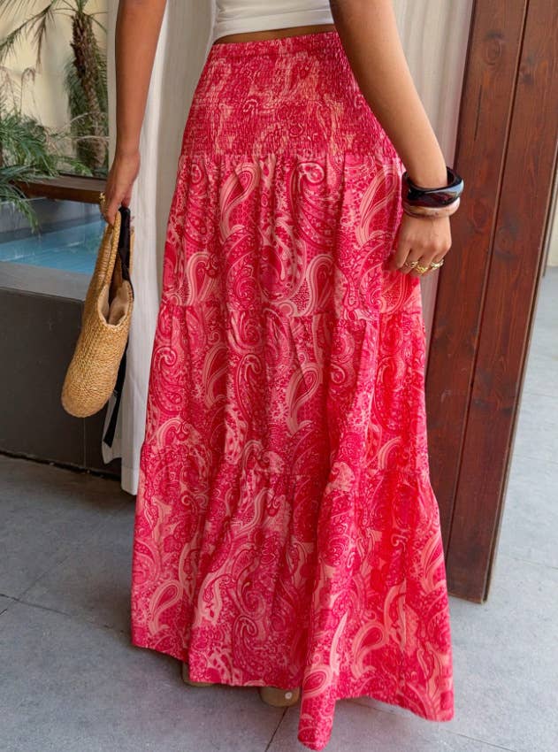 Beach Boho Floral Paisley Smocked Waistband Maxi Skirt
