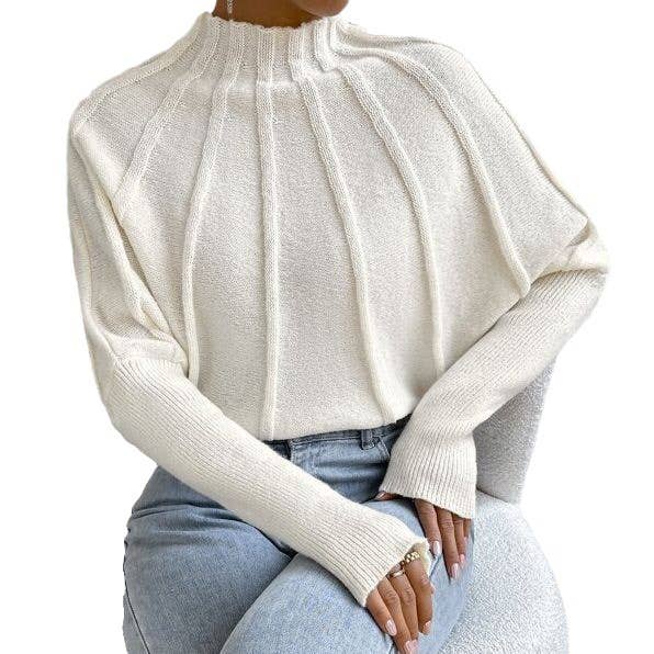 Wide Ribbed Mock neck Batwing Sleeve knit sweater