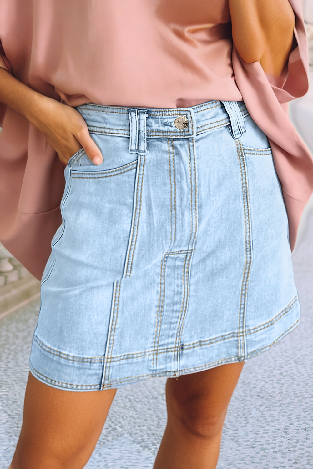 LDC Exposed Seam Detail A-line Denim Pockets Mini Skirt