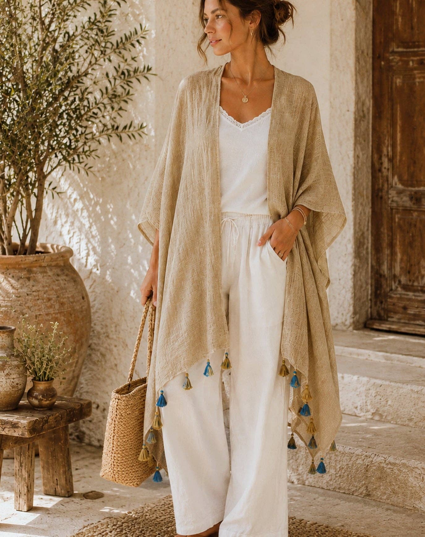JC062614 Bohemian Stonewashed Cotton Kimono Wrap with Handmade Tassels