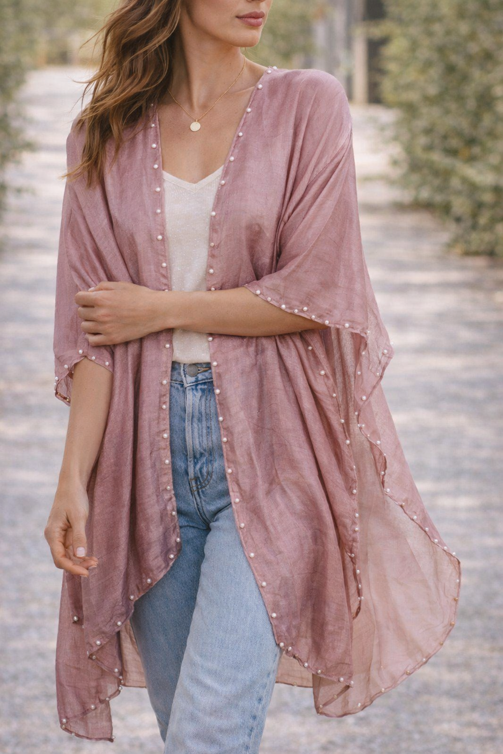JC062557 Airy Pearl-Trim Silk-Blend Layering Kimono Cover-Up