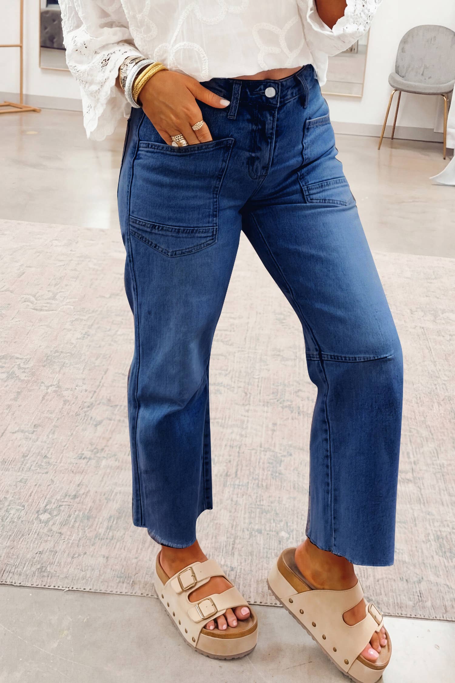 Solid Frayed Regular Cropped Light Wash Denim Jeans 4-4X