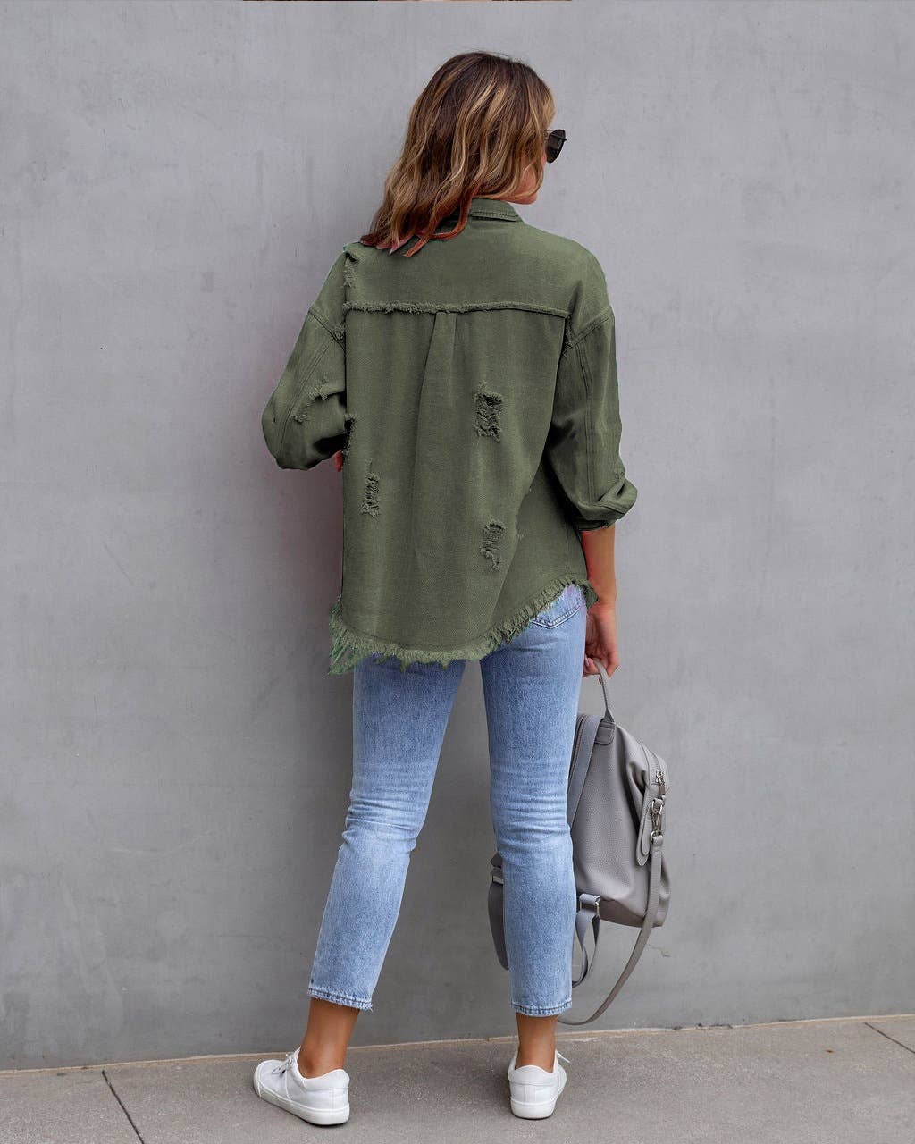 Ripped Long-Sleeved Denim Jacket
