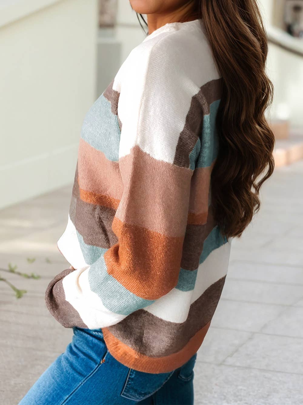 Striped Sweater peach teal white tan top