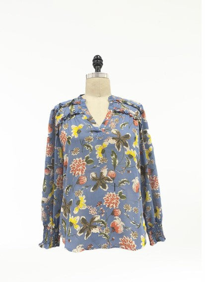 Paparazzi Long Sleeve Novelty V Neck Georgette Print Peasant Blouse
