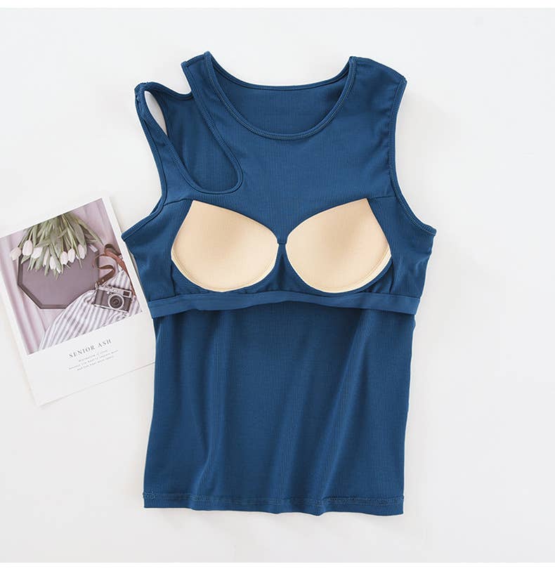 Shoulder cutout round neck rib knit built-in bra tank top