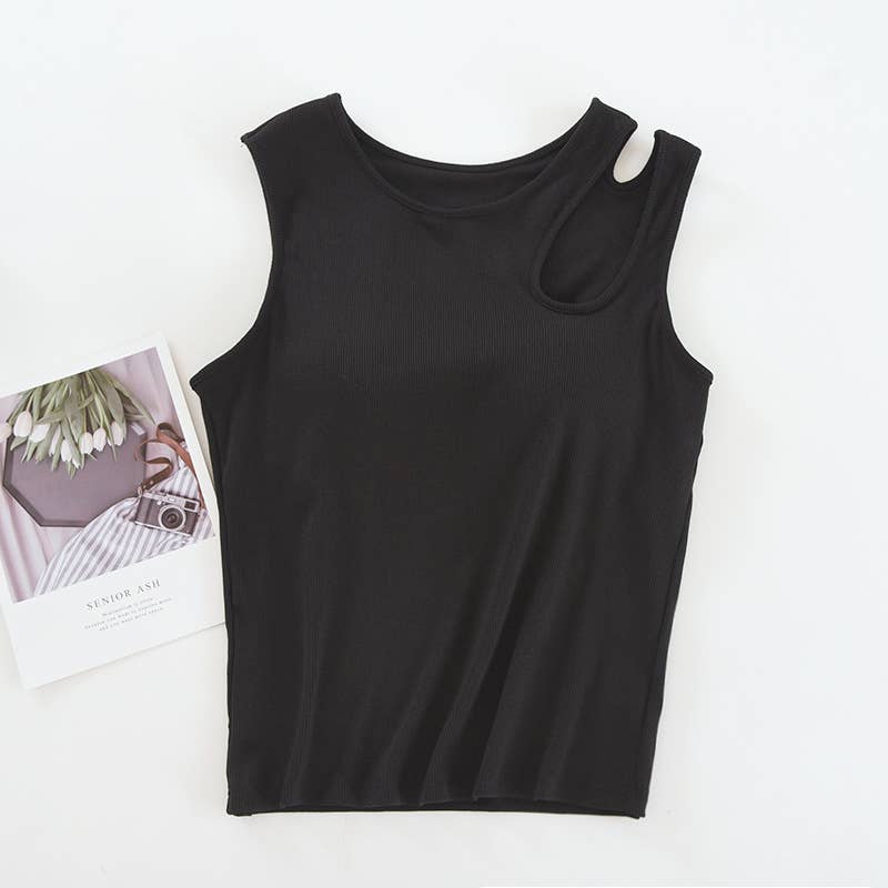 Shoulder cutout round neck rib knit built-in bra tank top