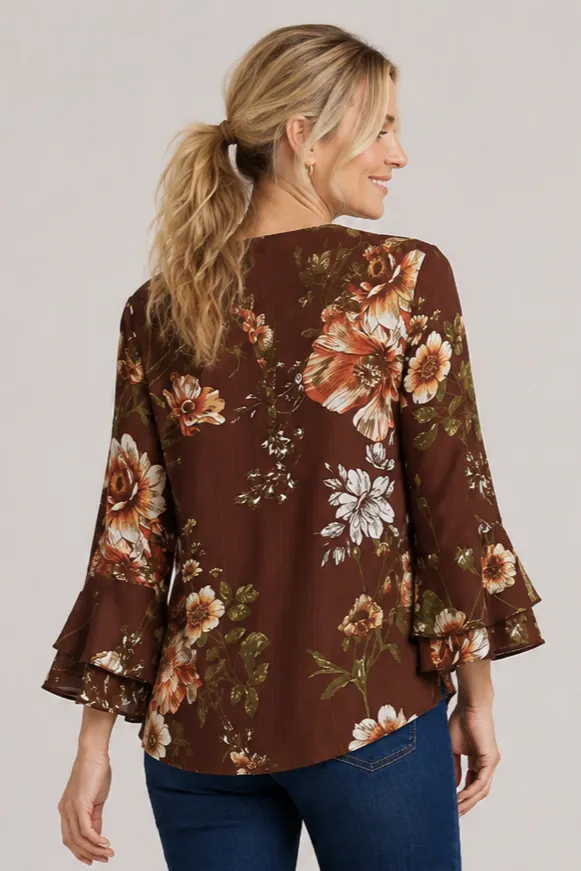 Linique Floral Ruffle Sleeve Button Front Top