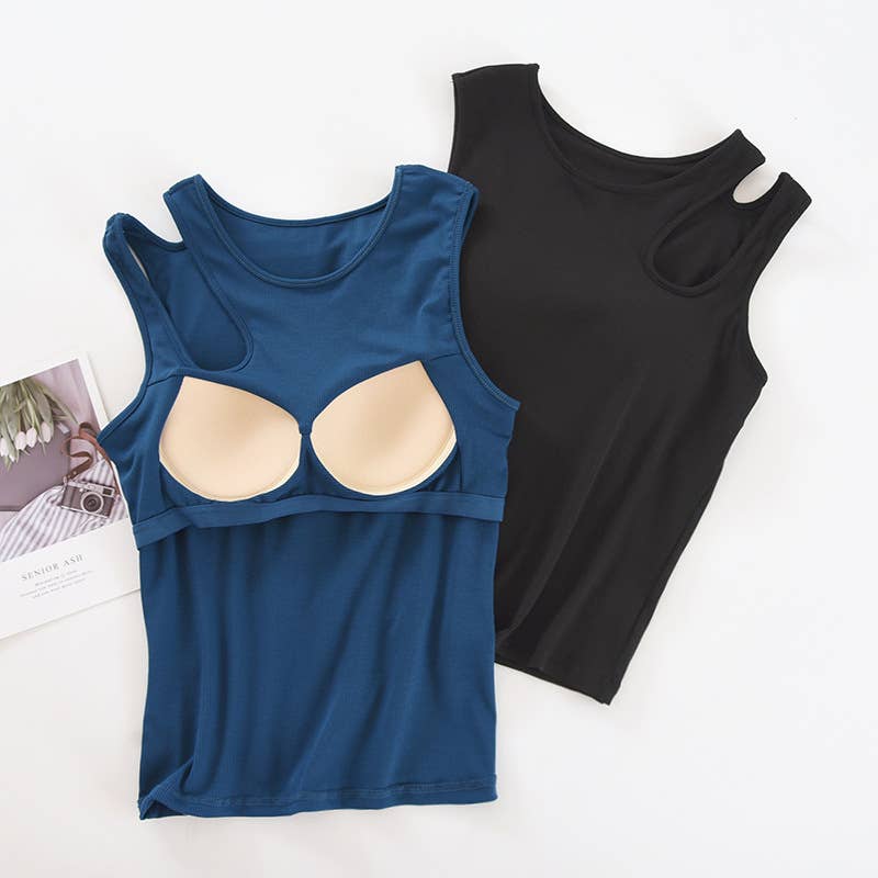 Shoulder cutout round neck rib knit built-in bra tank top