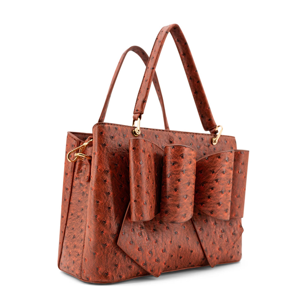 Vegan Leather Remi Embossed Bow Satchel Bag –Ostrich Print