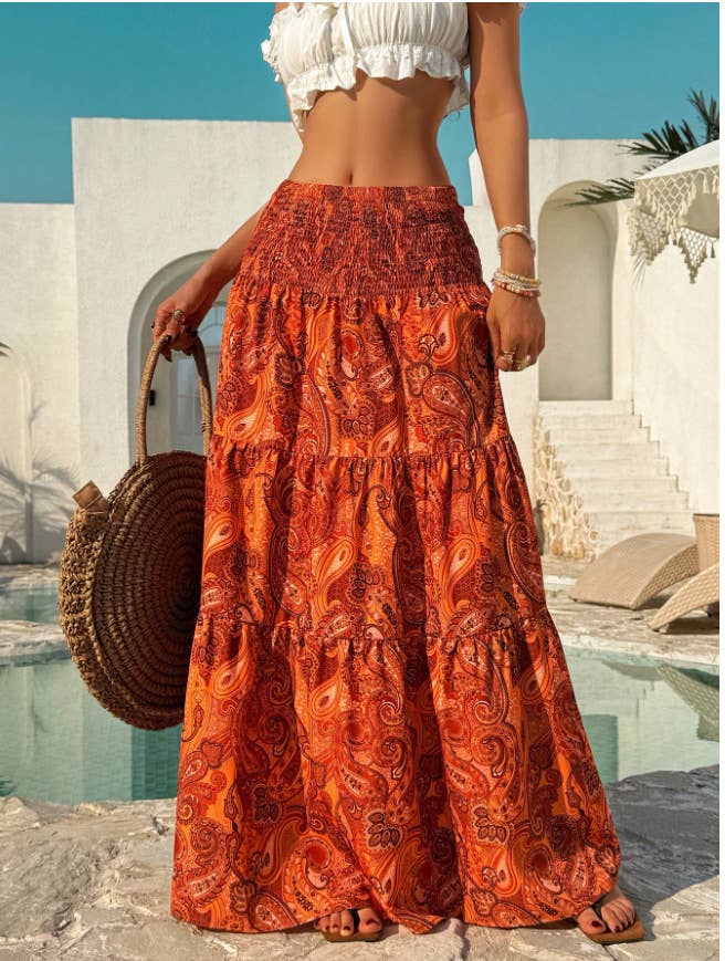 Beach Boho Floral Paisley Smocked Waistband Maxi Skirt