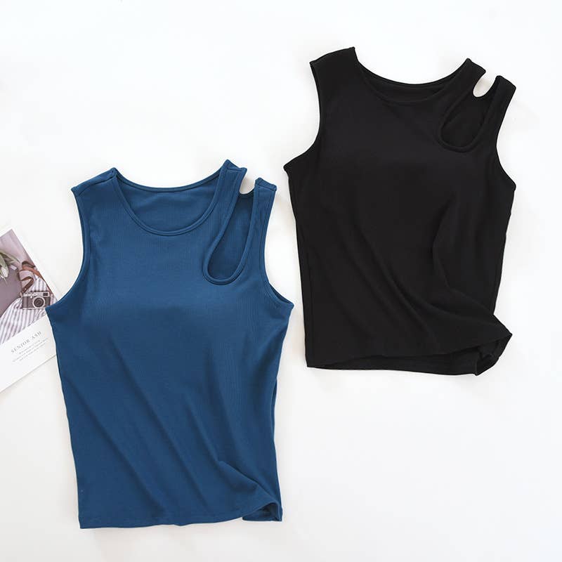 Shoulder cutout round neck rib knit built-in bra tank top