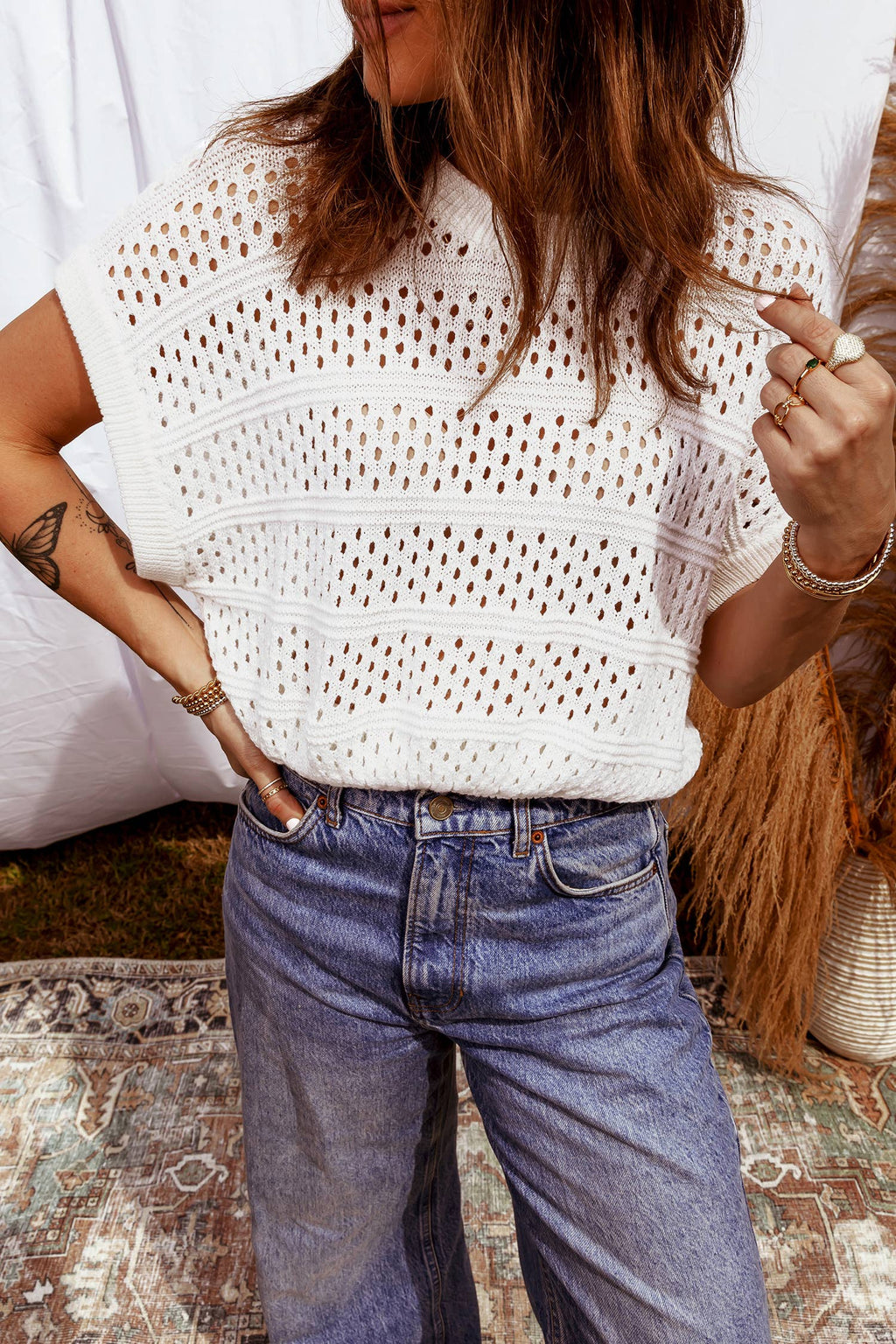 Spring 2026 Hollow Out Knit Round Neck Dolman Sweater | S-4X