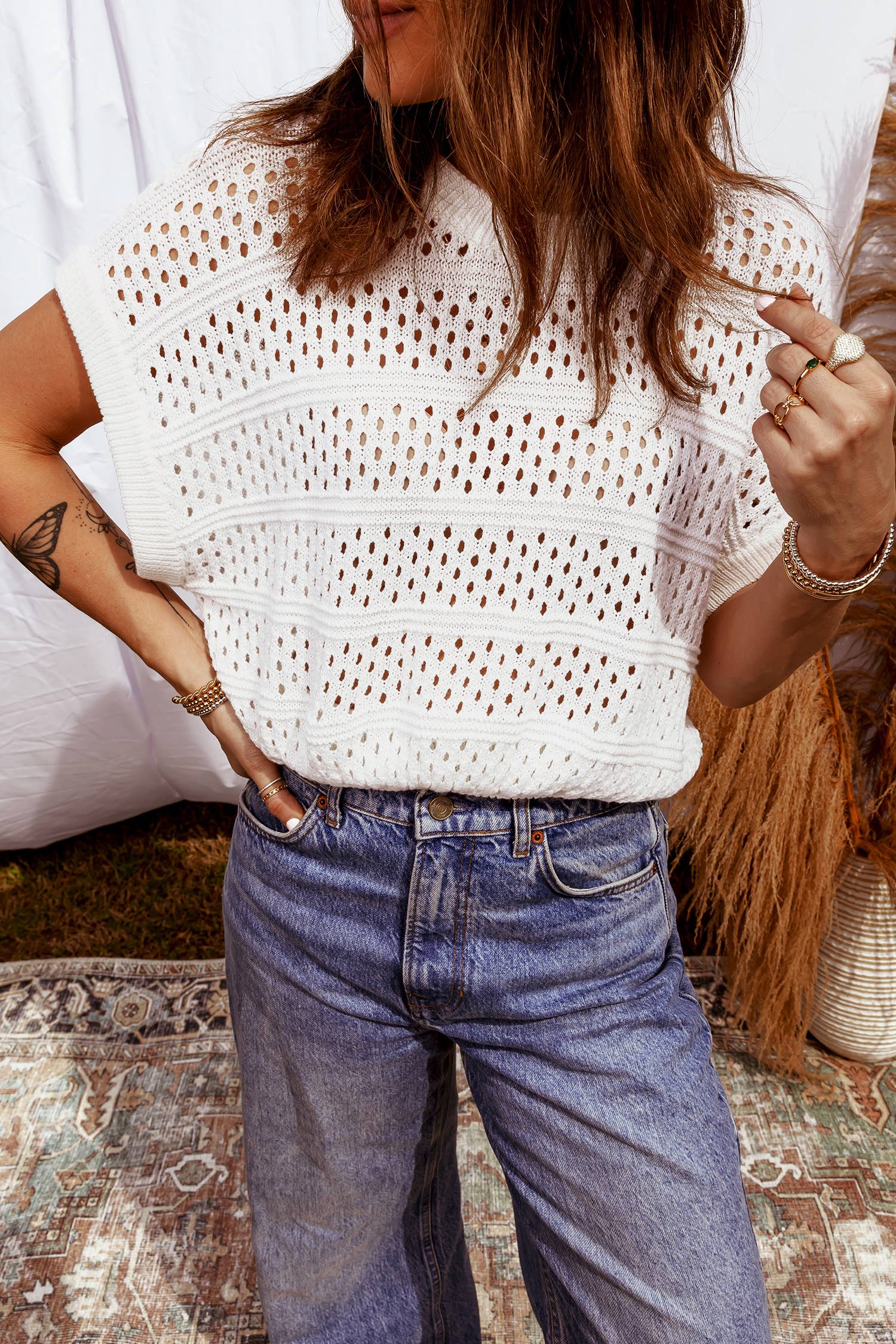 Spring 2026 Hollow Out Knit Round Neck Dolman Sweater | S-4X