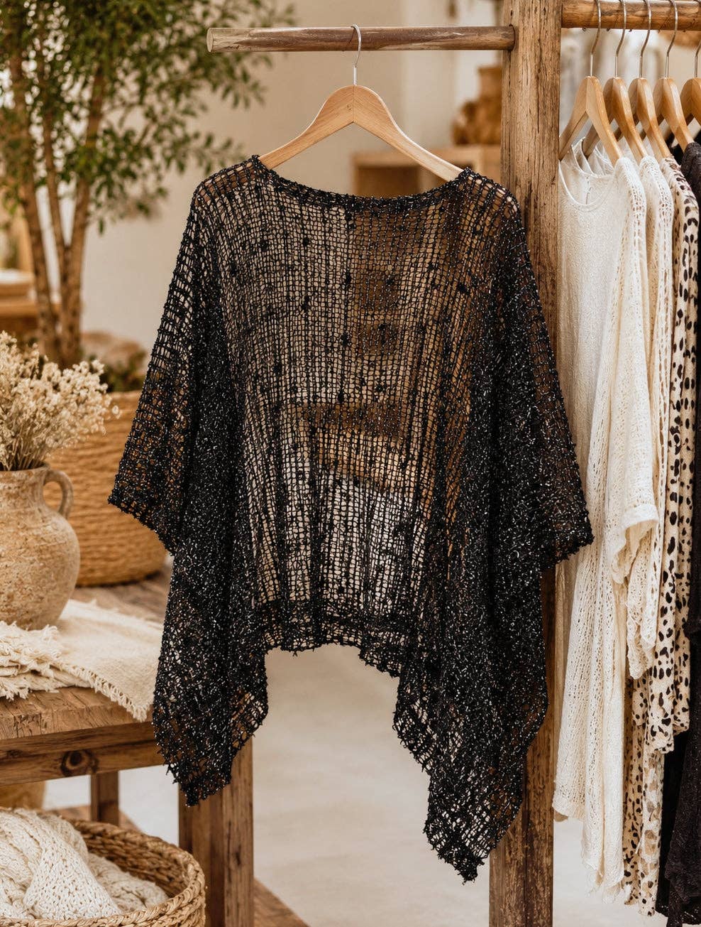 JC063501 Boho Open Knit Shimmer Poncho Top | Lightweight Cover-Up