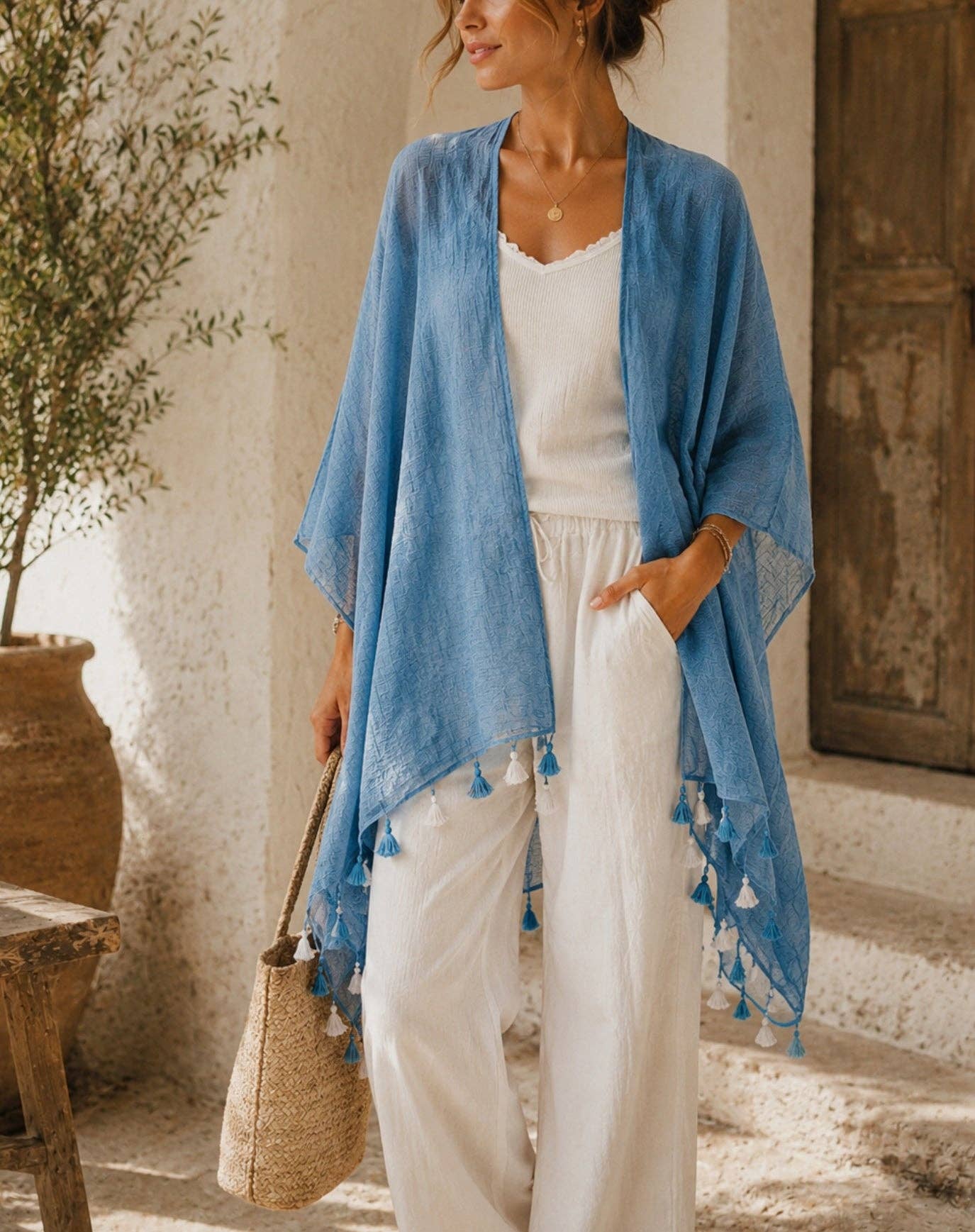 JC062614 Bohemian Stonewashed Cotton Kimono Wrap with Handmade Tassels