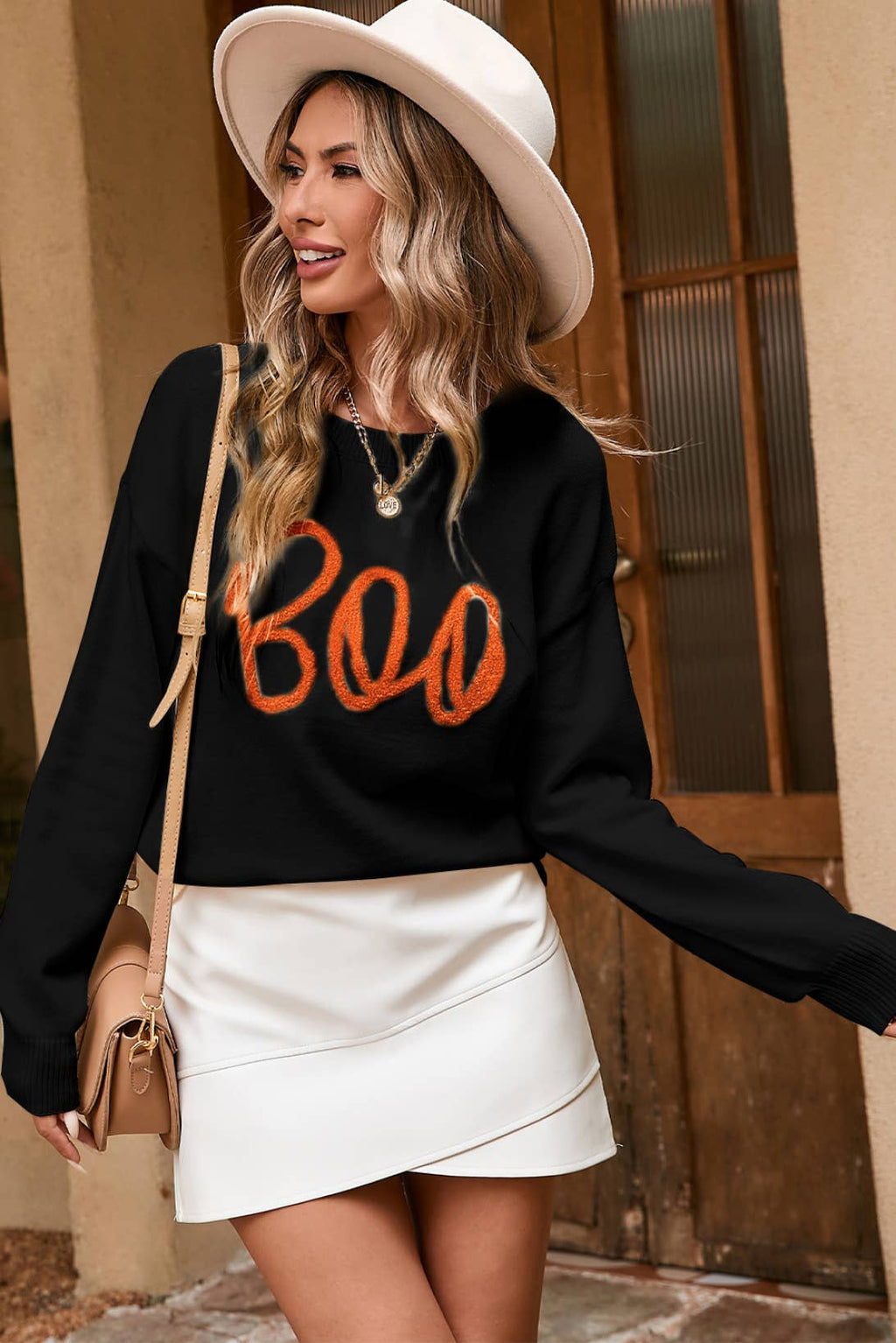 Boo Knitted Pattern Ribbed Edge Drop Shoulder Sweater