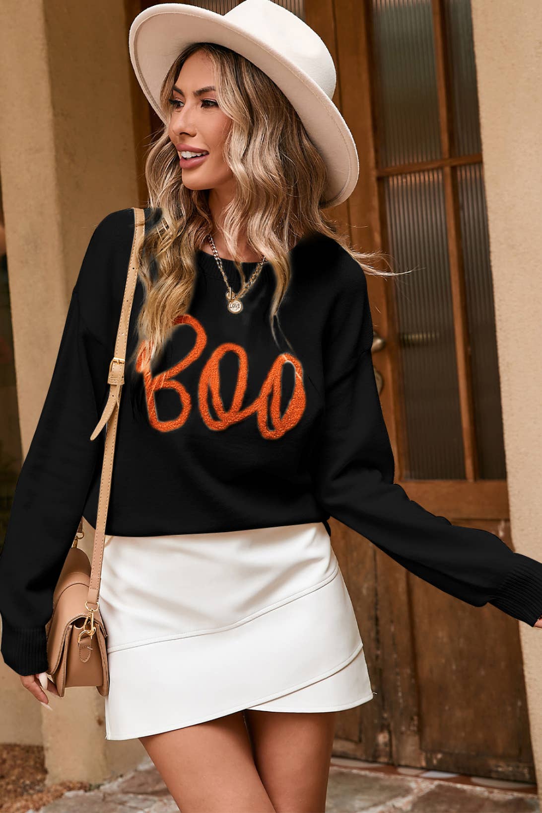 Boo Knitted Pattern Ribbed Edge Drop Shoulder Sweater
