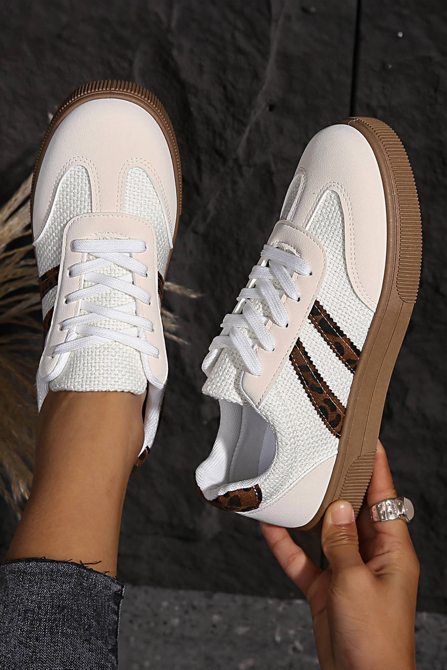 Textured Woven PU Leather Leopard Patchwork Flat Sneakers