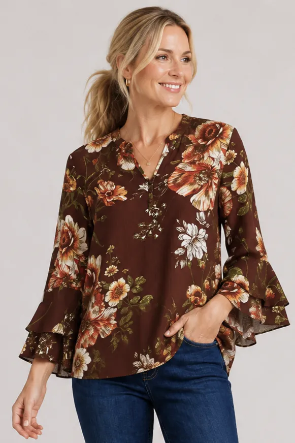 Linique Floral Ruffle Sleeve Button Front Top