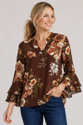 Linique Floral Ruffle Sleeve Button Front Top