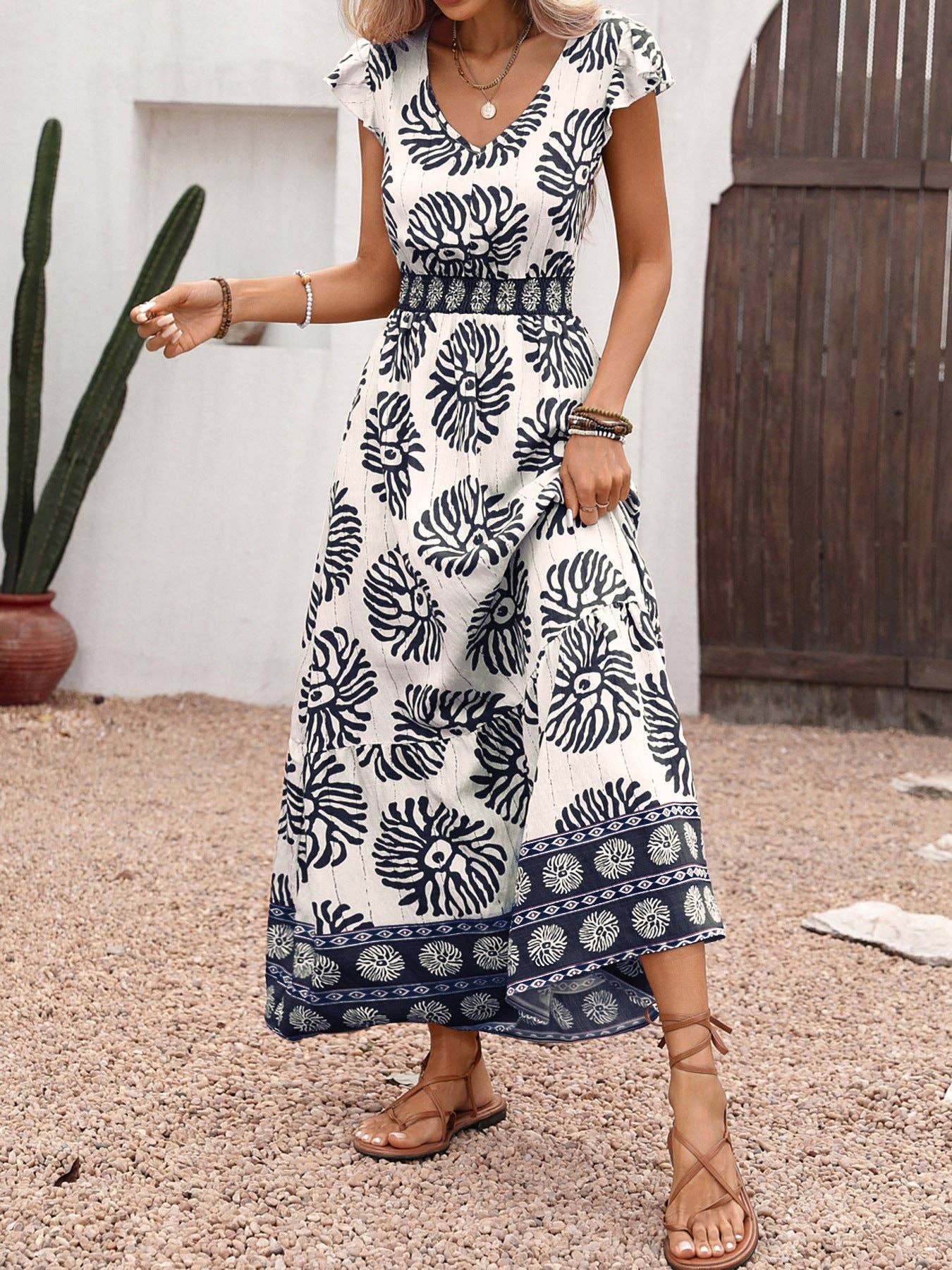 Boho Leather Pink Print V Neck Flutter Sleeve Maxi Dress