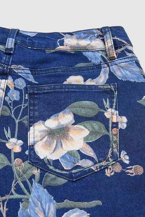 Floral printed blue jeans Straight Leg Long Pants
