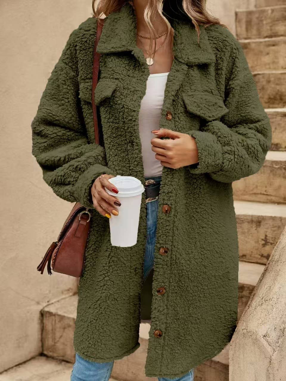 Women's Fleece Button-Front Cardigan Jacket with Pockets