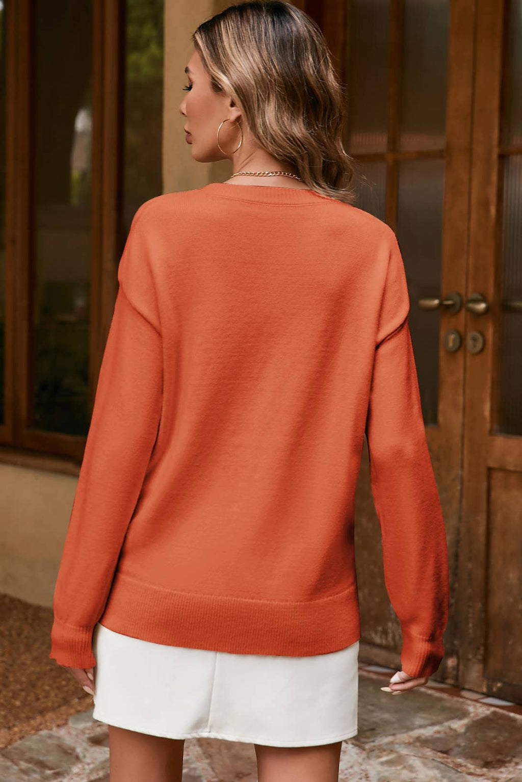 Boo Knitted Pattern Ribbed Edge Drop Shoulder Sweater