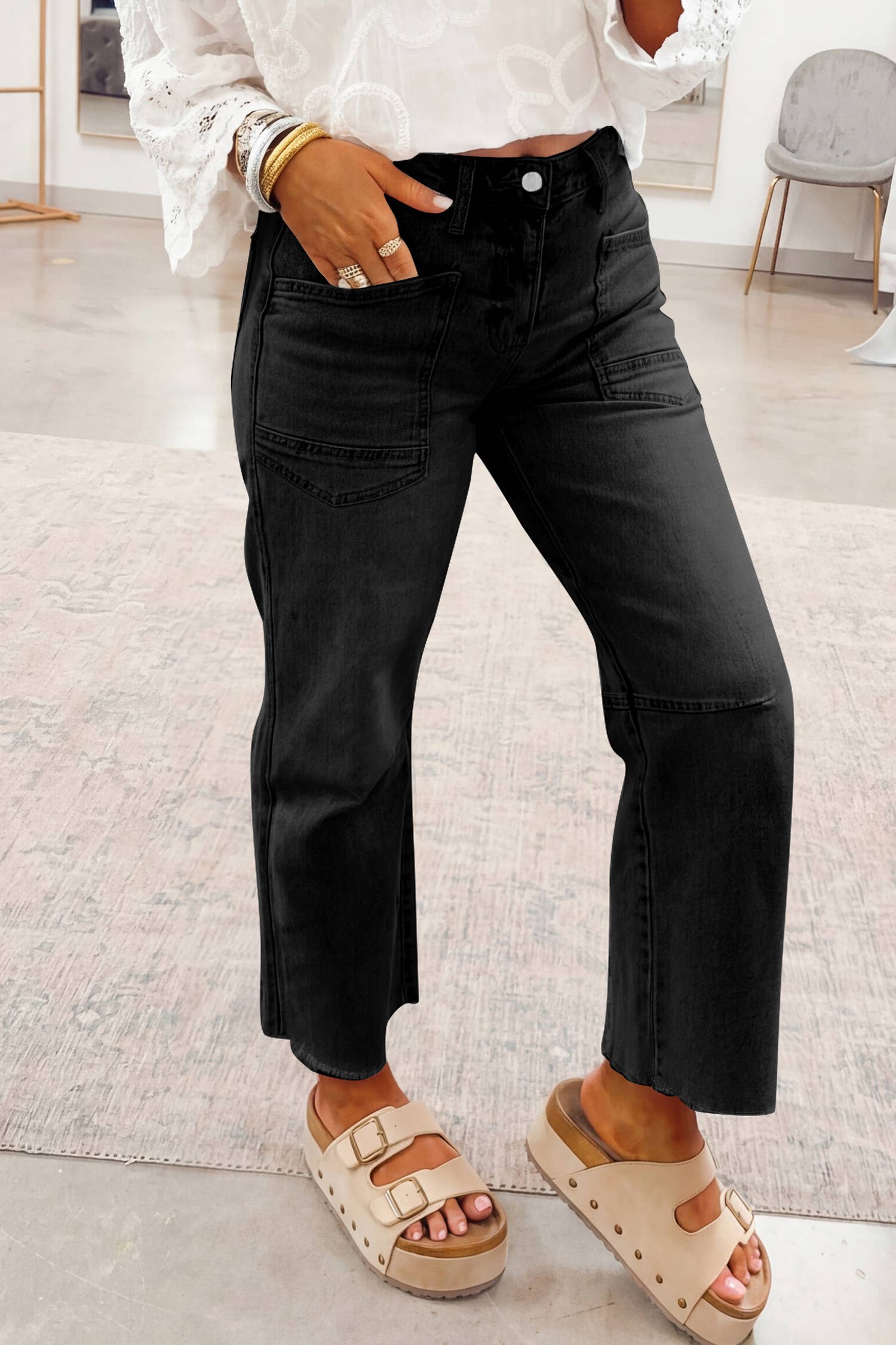 Solid Frayed Regular Cropped Light Wash Denim Jeans 4-4X