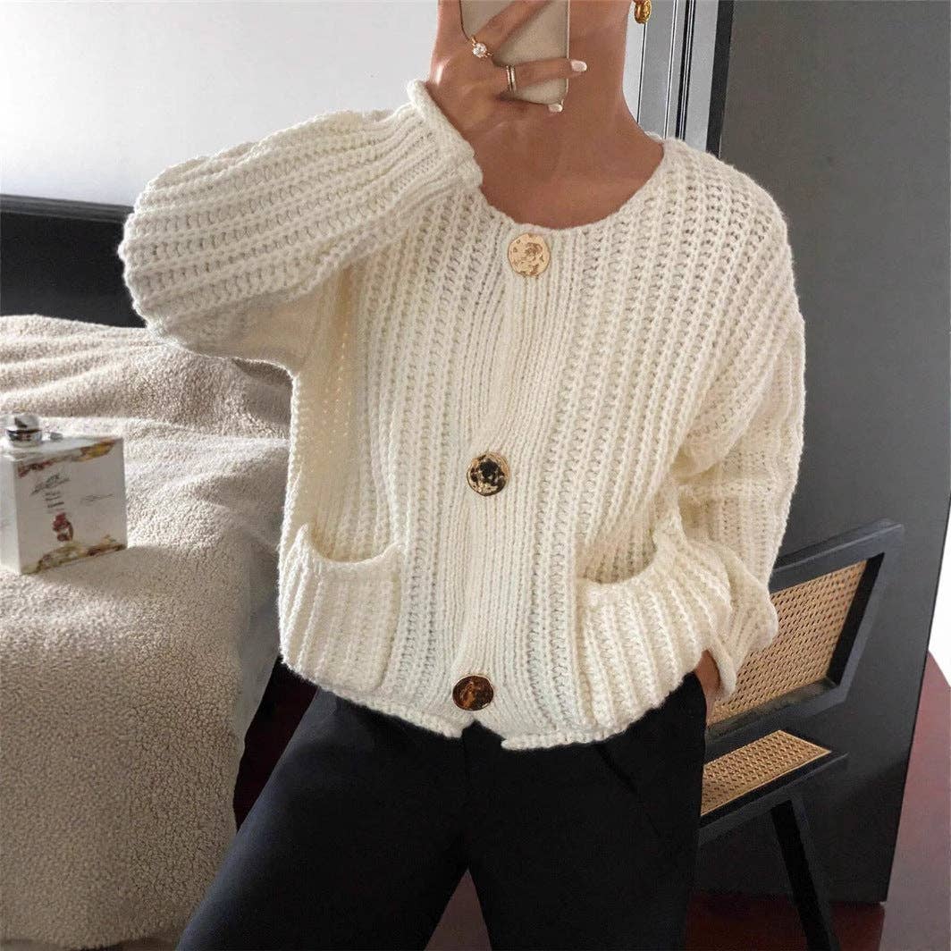 Round Neck Loose Long Sleeve Knit Cardigan MK2BLW6W1SCD17