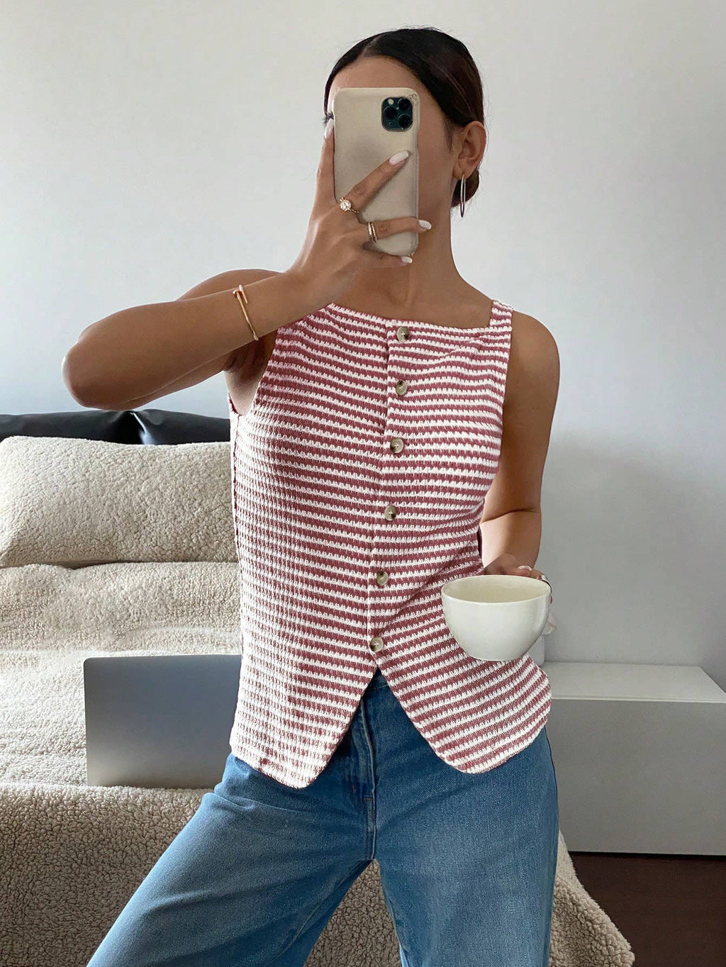 Button-Front Sleeveless Tank Top