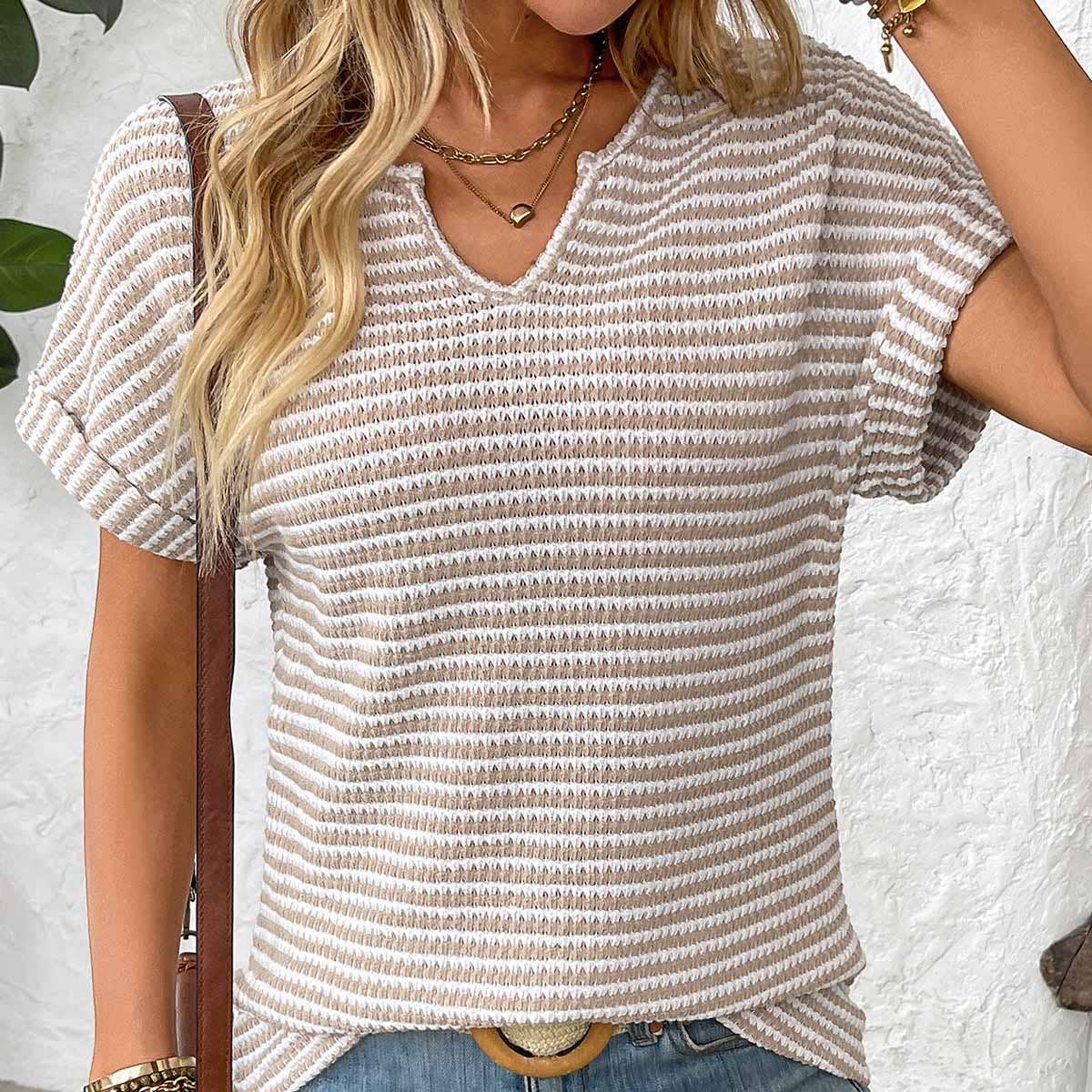 V-neck loose striped casual pullover T-shirt