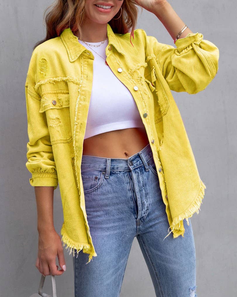 Ripped Long-Sleeved Denim Jacket