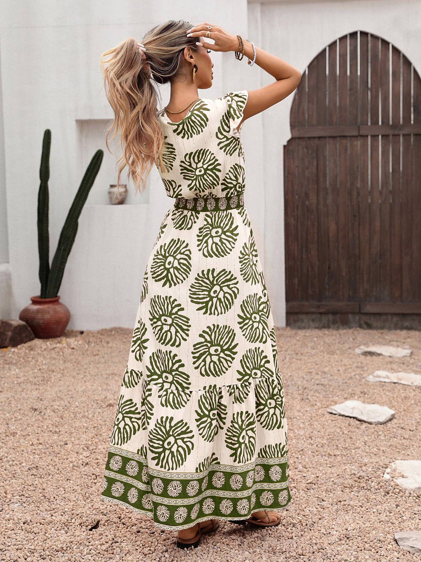Boho Leather Pink Print V Neck Flutter Sleeve Maxi Dress