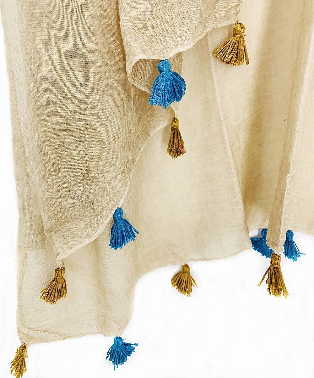 JC062614 Bohemian Stonewashed Cotton Kimono Wrap with Handmade Tassels