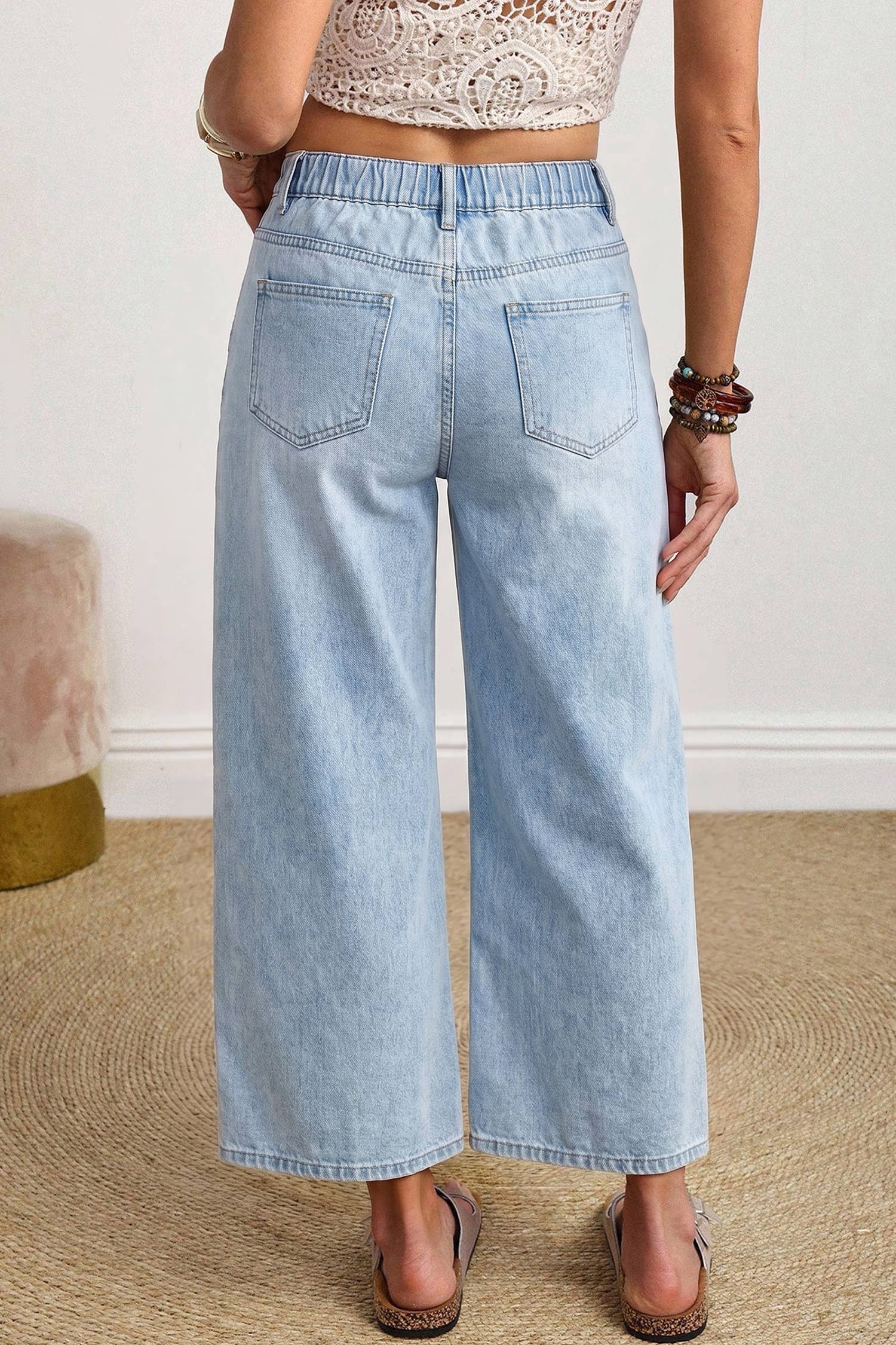 Solid Color Square Patch Pocket Ankle-length Barrel Jeans
