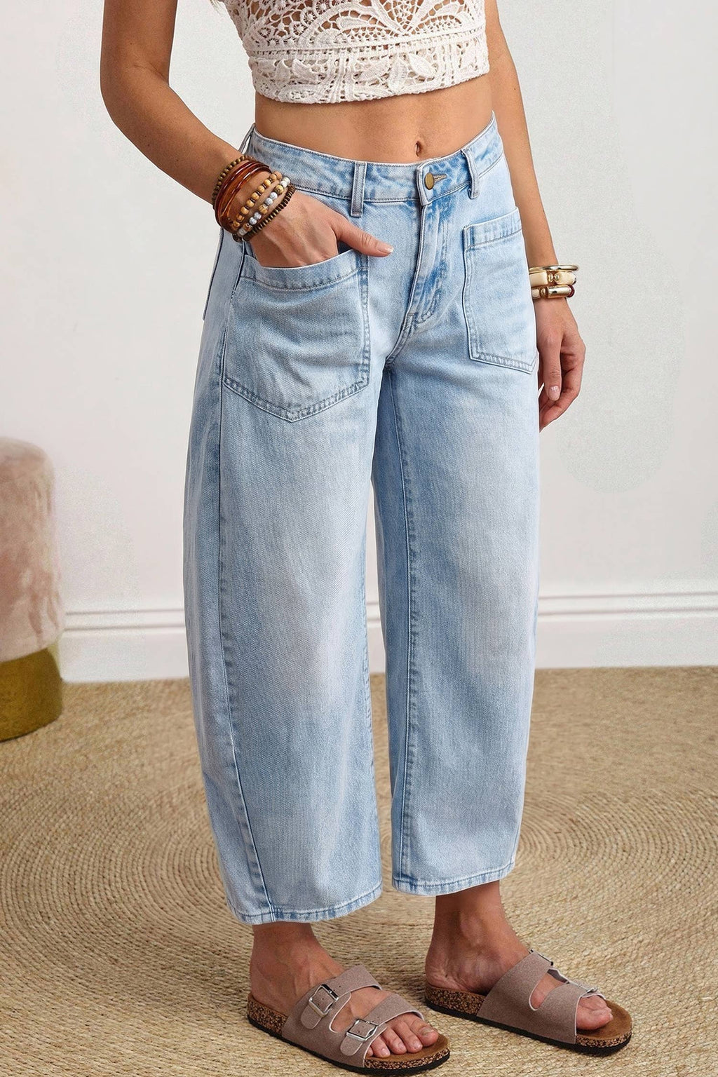 Solid Color Square Patch Pocket Ankle-length Barrel Jeans