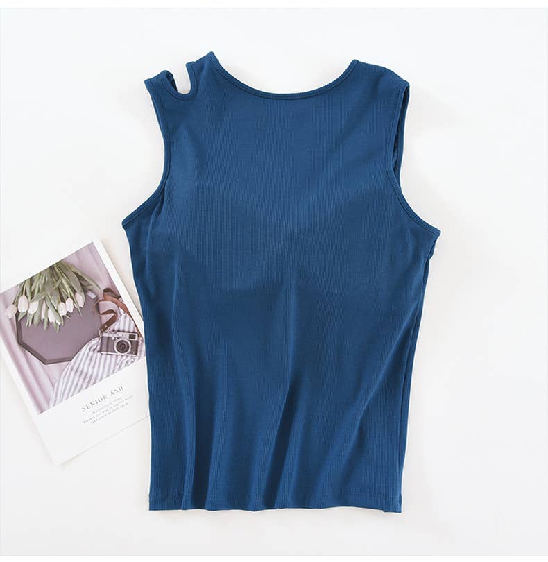 Shoulder cutout round neck rib knit built-in bra tank top