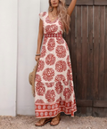 Boho Leather Pink Print V Neck Flutter Sleeve Maxi Dress