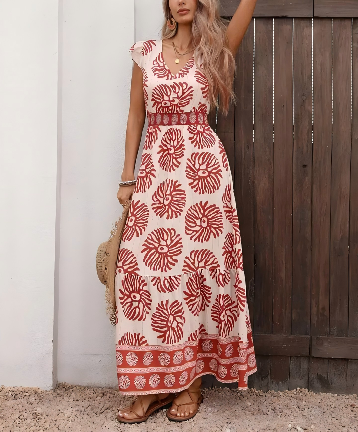 Boho Leather Pink Print V Neck Flutter Sleeve Maxi Dress
