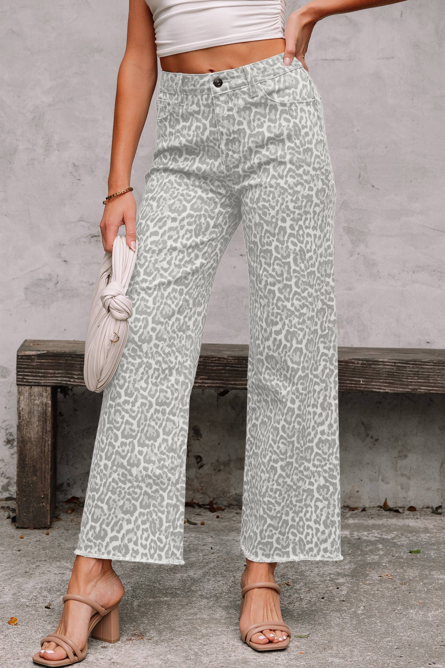 Leopard /Polka Dot Frayed Edge Wide Leg High Waist Jeans