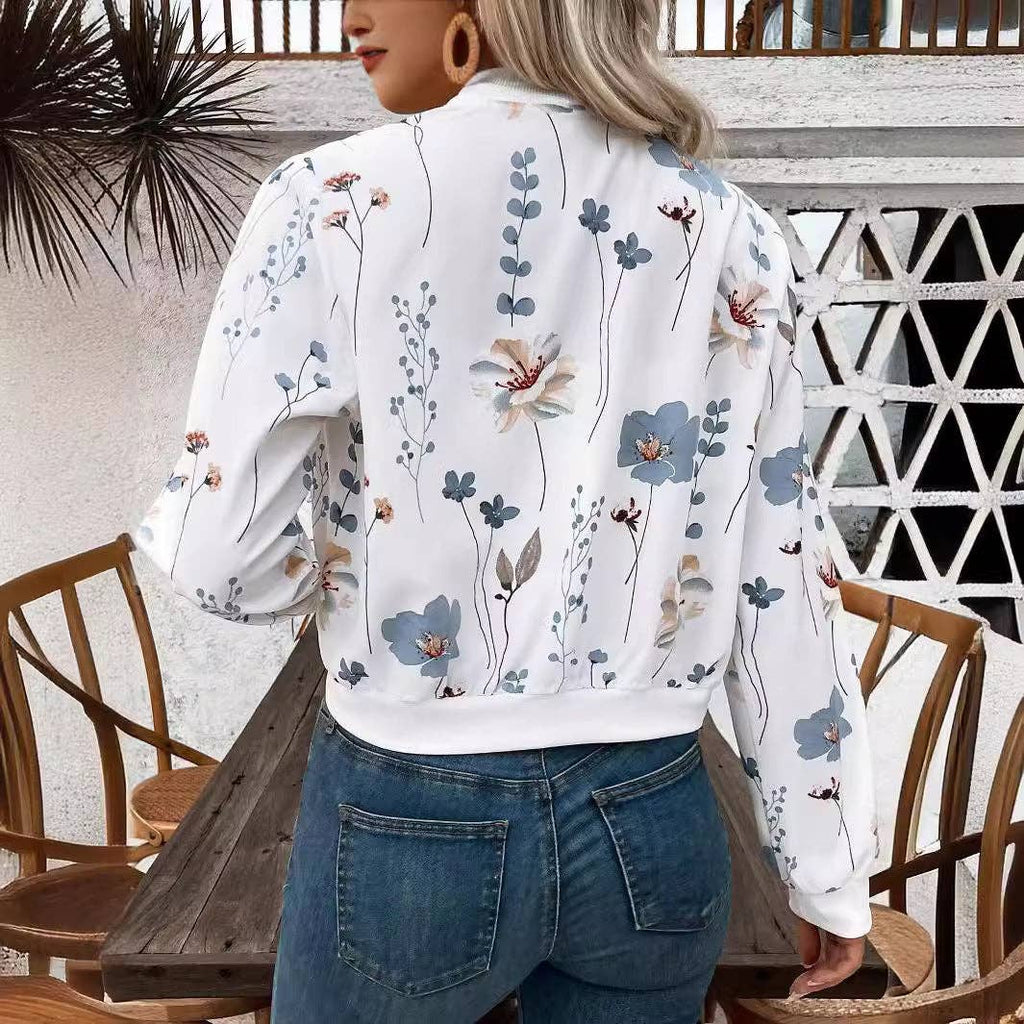 Floral Zip Up Bomber Jacket with Ribbed Trim