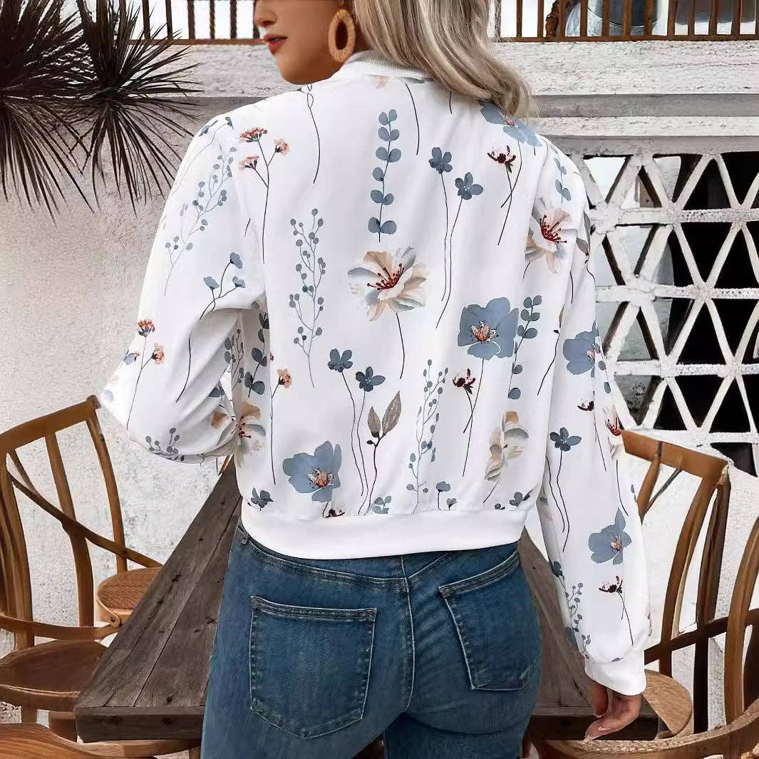 Floral Zip Up Bomber Jacket with Ribbed Trim