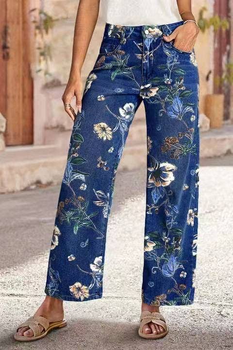Floral printed blue jeans Straight Leg Long Pants