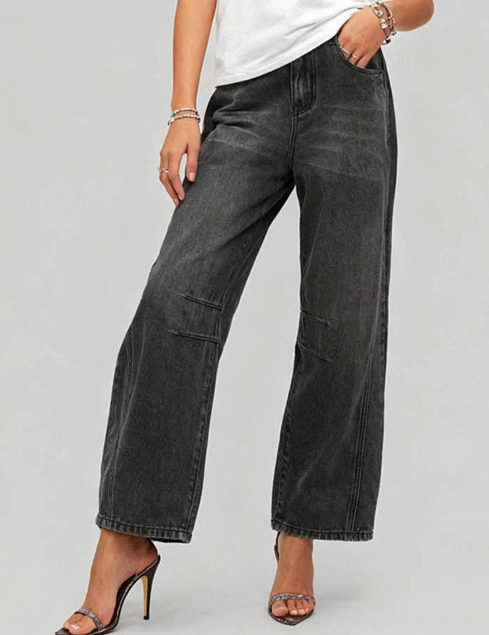Washed White Mid Rise Loose Barrel Jeans
