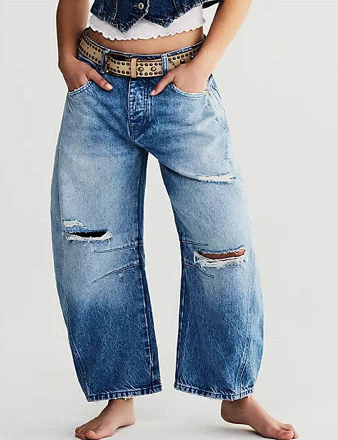 Washed White Mid Rise Loose Barrel Jeans
